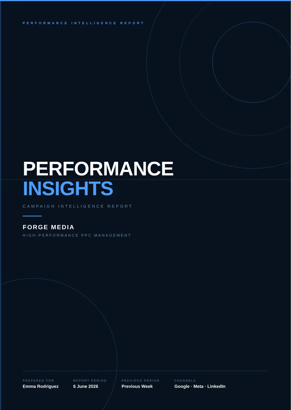 Sample report cover in navy branded layout